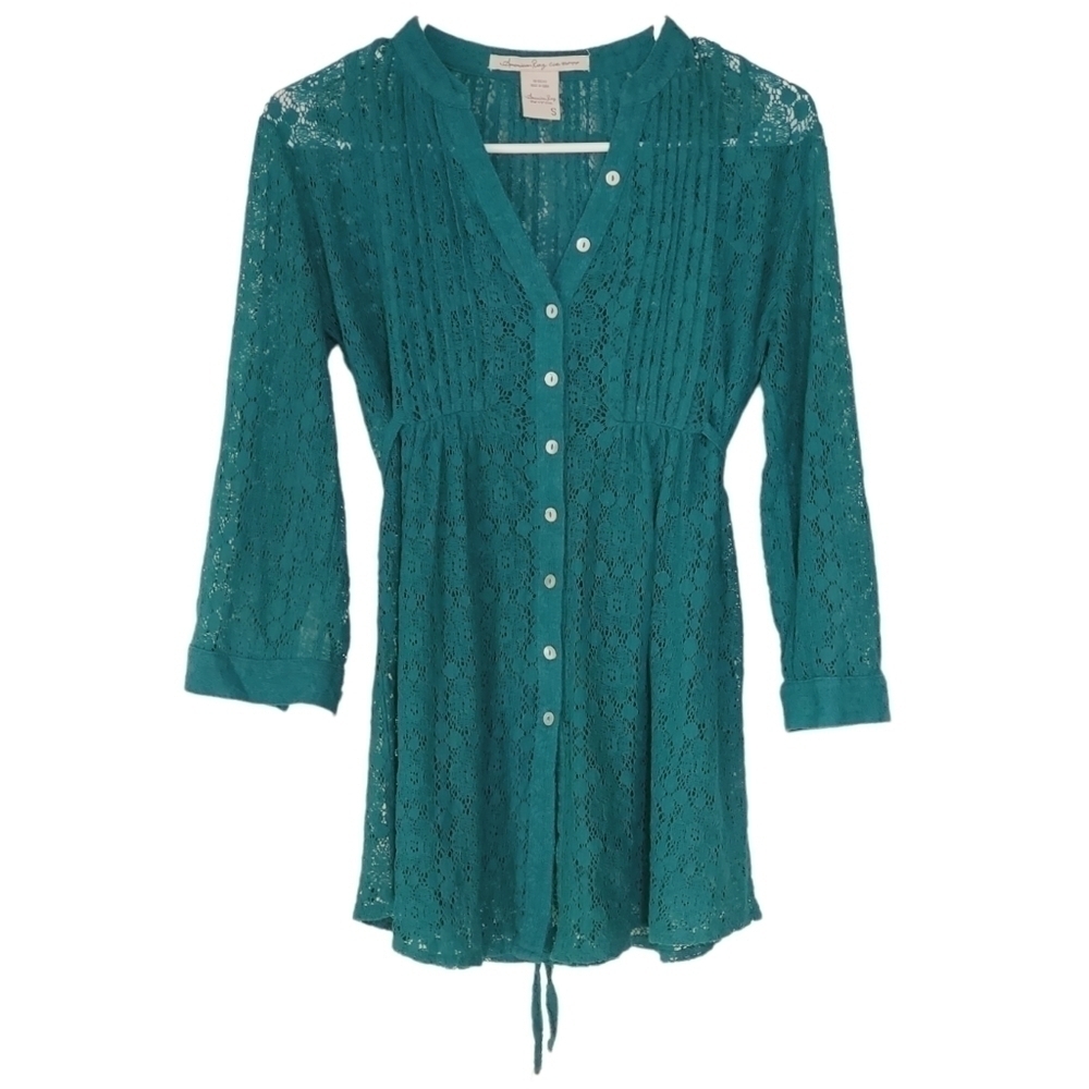 2109 * American Rag Lace Button Down Shirt Green Size S
